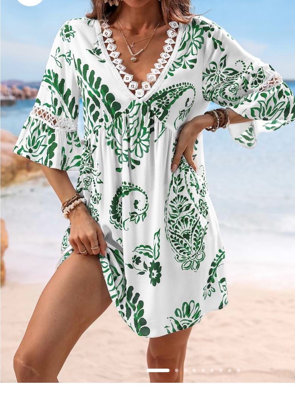 Green Paisley V-neck Mini Dress - Picture 2 of 3